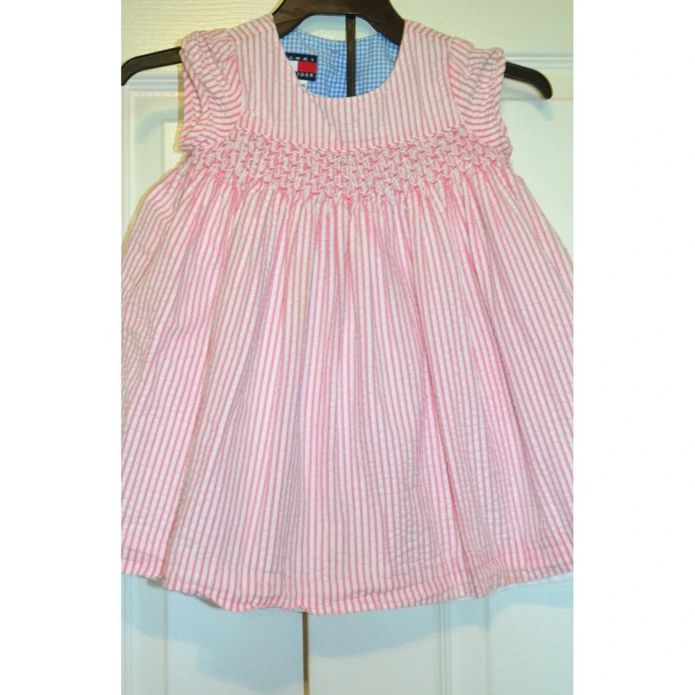 Tommy Hilfiger Vintage‎ Girls Dress Seersucker Pink Striped Size 12-18 Months